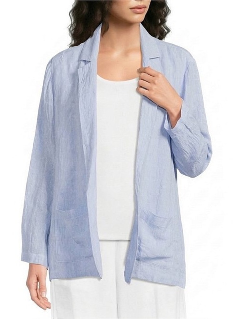 Eileen Fisher Puckered Blue White Stripe Organic Linen Open Front Jacket Size XS